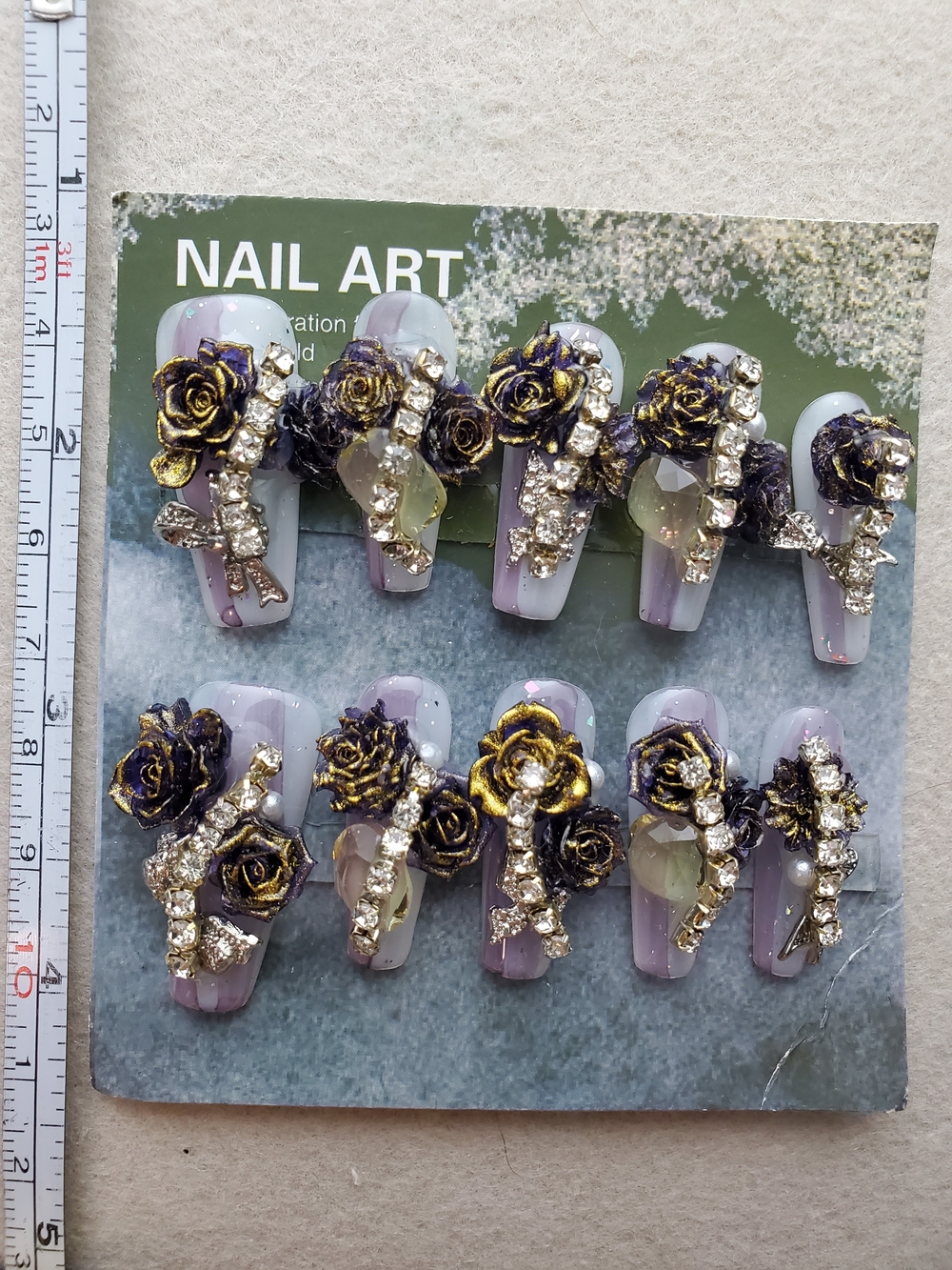 Violet Decadence 💜🥀 3D Rose & Crystal Press-On Nails
